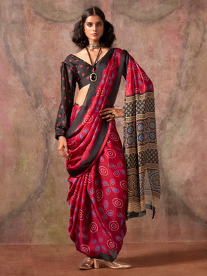 Sangria Printed Hand Batik Satin Saree(Maroon)