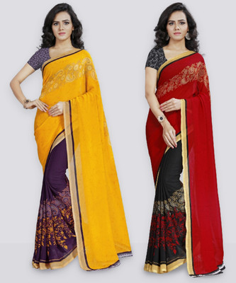Anand Sarees Printed Bollywood Georgette Saree(Pack of 2, Red, Yellow)