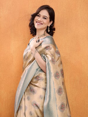 Tasrika Printed, Woven Banarasi Pure Silk Saree(Grey, Beige)