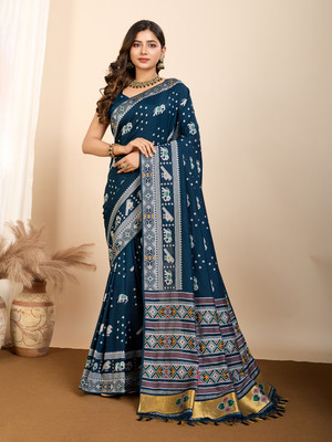 ZIBLON Digital Print Patola Silk Blend Saree(Dark Blue)