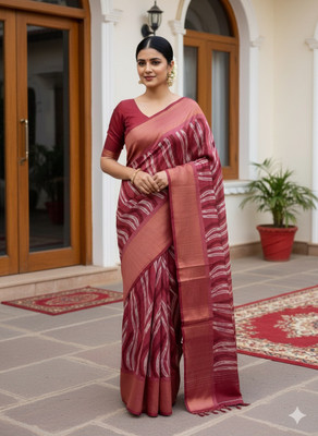 DUDHANE TRADING CORPORATION Striped, Woven, Printed Banarasi Silk Blend Saree(Pink)