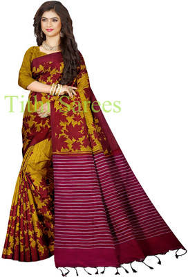 TITHISAREES Printed Sambalpuri Cotton Blend Saree(Yellow)