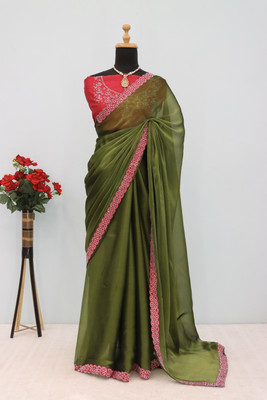 JENNYFEB Embellished Bollywood Brasso Saree(Light Green)