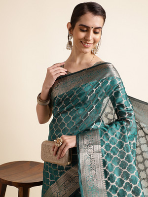 SHRIMAY Checkered Bollywood Organza Saree(Light Green)