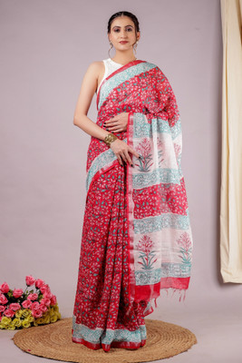 RP CREATION Printed Daily Wear Cotton Linen Saree(Red)