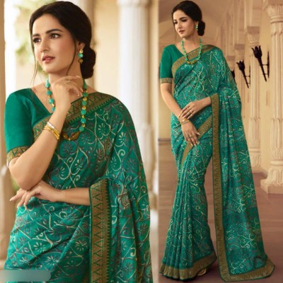 Hensi sarees shop Printed Bollywood Art Silk, Chiffon Saree(Dark Green)