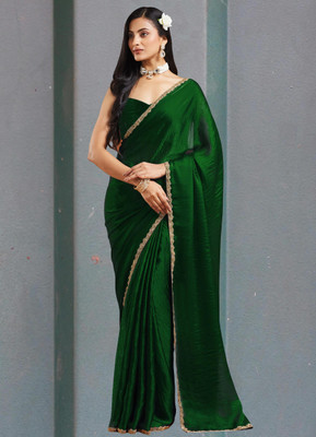 LOROFY Solid/Plain Bollywood Jute Silk Saree(Dark Green)
