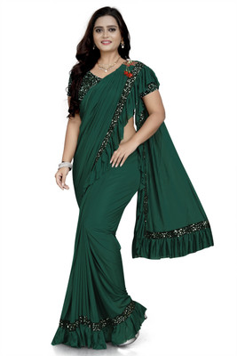 miracletex Embellished Bollywood Lycra Blend Saree(Dark Green)