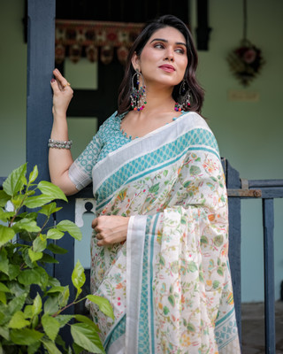 maharani couture Digital Print Handloom Cotton Linen Saree(White)