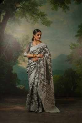 Vichitra Woven, Self Design Banarasi Cotton Blend, Jacquard Saree(Grey)