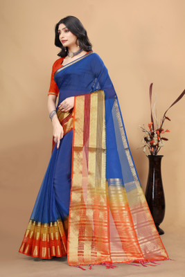 Aarunika MNT Solid/Plain Bollywood Organza Saree(Blue)