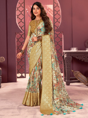 Divastri Printed Madurai Georgette Saree(Brown)
