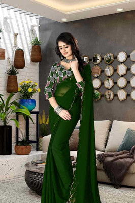 vdc Solid/Plain Bollywood Georgette Saree(Green)