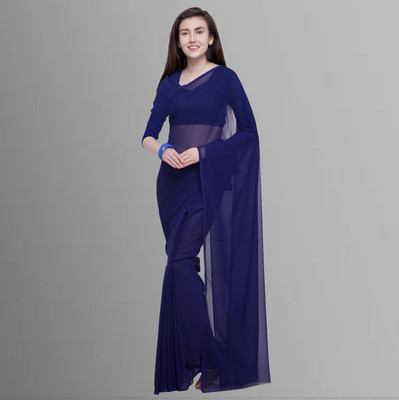 kashvi sarees Solid/Plain Bollywood Chiffon Saree(Dark Blue)