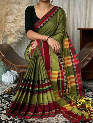 HouseOfCommon Woven Handloom Pure Cotton Saree(Dark Green)