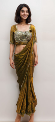 NANCY DESIGNER Solid/Plain, Embellished Bollywood Pure Silk Saree(Gold)
