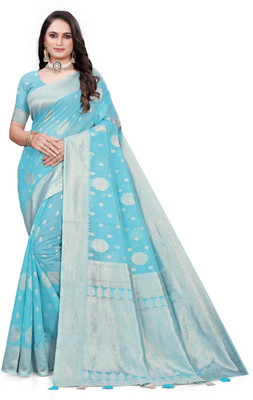 Shalik Woven Banarasi Cotton Silk Saree(Light Blue)