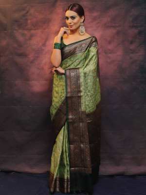 K SALIYA ENTERPRISE Floral Print Kanjivaram Silk Blend Saree(Green)