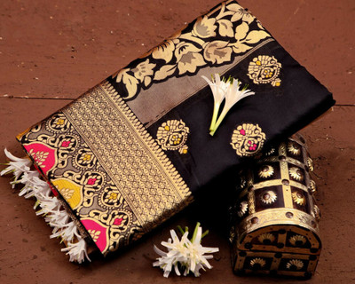 SHWENILA Solid/Plain Assam Silk Pure Silk Saree(Black)