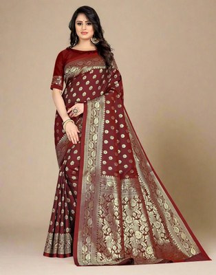 The Style Sanctuary Woven Banarasi Silk Blend Saree(Dark Green)
