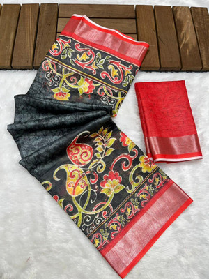FULIYA SILK Printed, Graphic Print, Floral Print, Blocked Printed, Digital Print Hand Batik Linen Saree(Multicolor)