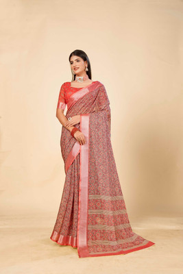 Ethnic Trendz Digital Print Saree with Attached Blouse Cotton Linen Saree(Multicolor)
