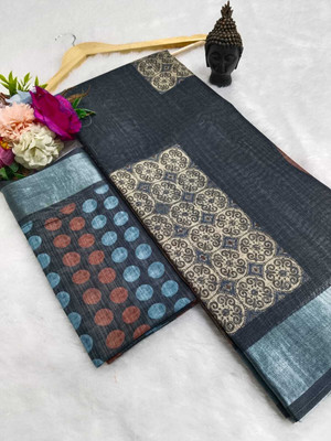 ASHTA Geometric Print Kanjivaram Linen Saree(Black)