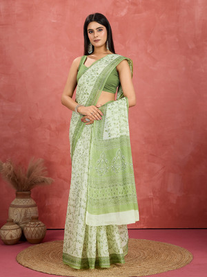 Jevi Prints Floral Print Daily Wear Pure Cotton Saree(Green)
