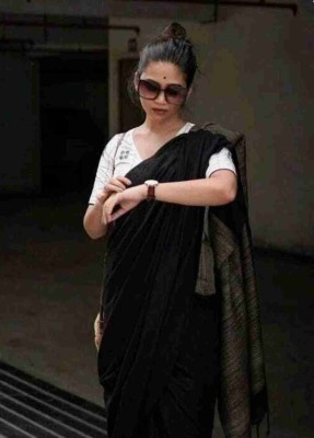 Tantikatha Solid/Plain Handloom Pure Cotton Saree(Black)