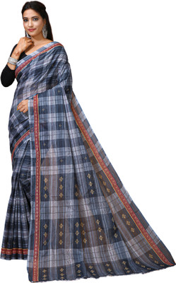 DORI DHAGA Checkered Daily Wear Pure Cotton Saree(Grey)