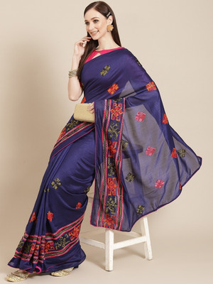 SERONA FABRICS Embroidered, Self Design, Printed Bollywood Georgette Saree(Dark Blue)