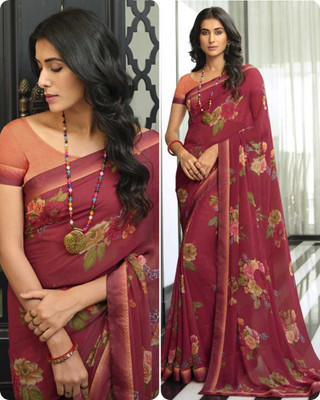 SARIK Printed, Self Design, Graphic Print, Floral Print, Checkered, Solid/Plain Bollywood Georgette, Chiffon Saree(Maroon)