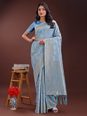 Tasrika Woven Kanjivaram Cotton Silk Saree(Blue)