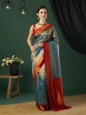 AKSHAR PATRON ENTERPRISE Solid/Plain Kanjivaram Pure Silk Saree(Light Blue, Red)