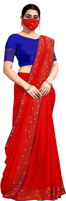 pUNYATHA CREATION Embellished Chanderi Pure Silk Saree(Red)