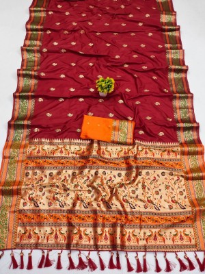 PHEASANT Self Design, Paisley, Woven, Embellished, Applique Paithani Art Silk, Jacquard Saree(Maroon)