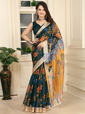 Anouk Rustic Printed Baluchari Cotton Linen Saree(Black)