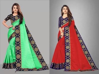 ONTIC LIFESTYLE Self Design Assam Silk Art Silk Saree(Pack of 2, Green, Red)