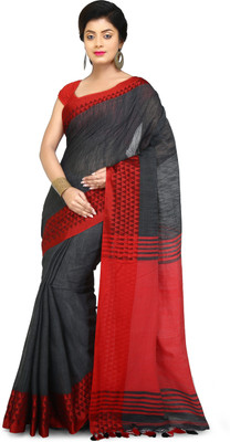 crochetin Woven Handloom Cotton Blend Saree(Red, Grey)