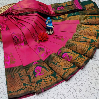 STITCH N SOLUS Woven Banarasi Silk Blend, Pure Silk Saree(Pink, Dark Green)