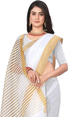 SHRISAREEESa Striped Bollywood Pure Cotton Saree(White)