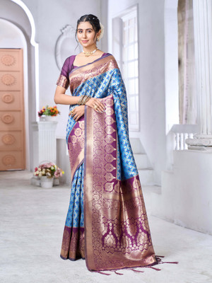 MIRMAN Striped Banarasi Pure Silk Saree(Light Blue)