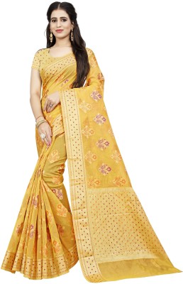 Kalaa Varsha Self Design, Woven Banarasi Silk Blend Saree(Yellow)