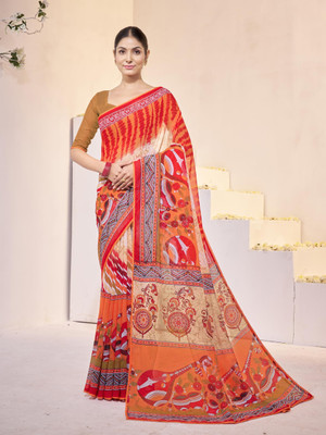 GARDEN VARELI Floral Print Bollywood Georgette Saree(Red)