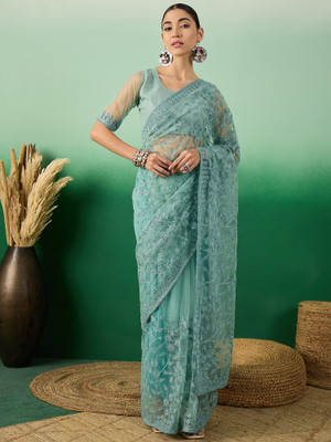 Sangria Embroidered Kalamkari Net Saree(Blue)