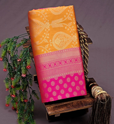 Aika Solid/Plain Banarasi Pure Silk Saree(Yellow)
