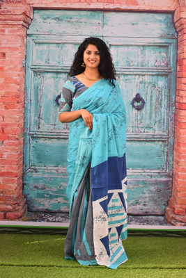 Clothonus Printed Daily Wear Pure Cotton Saree(Light Blue)