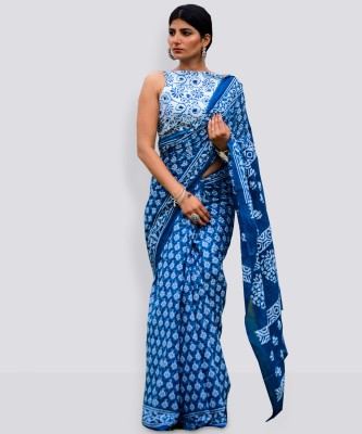 Kiaaron Blocked Printed Ikkat Pure Cotton Saree(Blue)