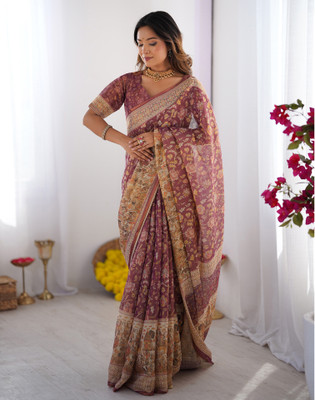 Satrani Floral Print, Woven, Embellished Kalamkari Linen Saree(Purple)