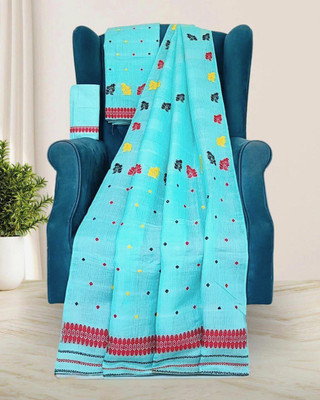 AREEVANZ Self Design Mekhela Chador Cotton Blend Saree(Light Blue)